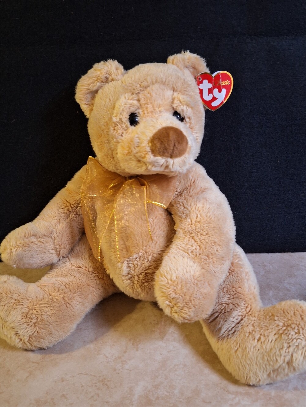 Ty Classic 9" Sitting Tan Plush Bear Granola Gold Bow Pot Belly 2003